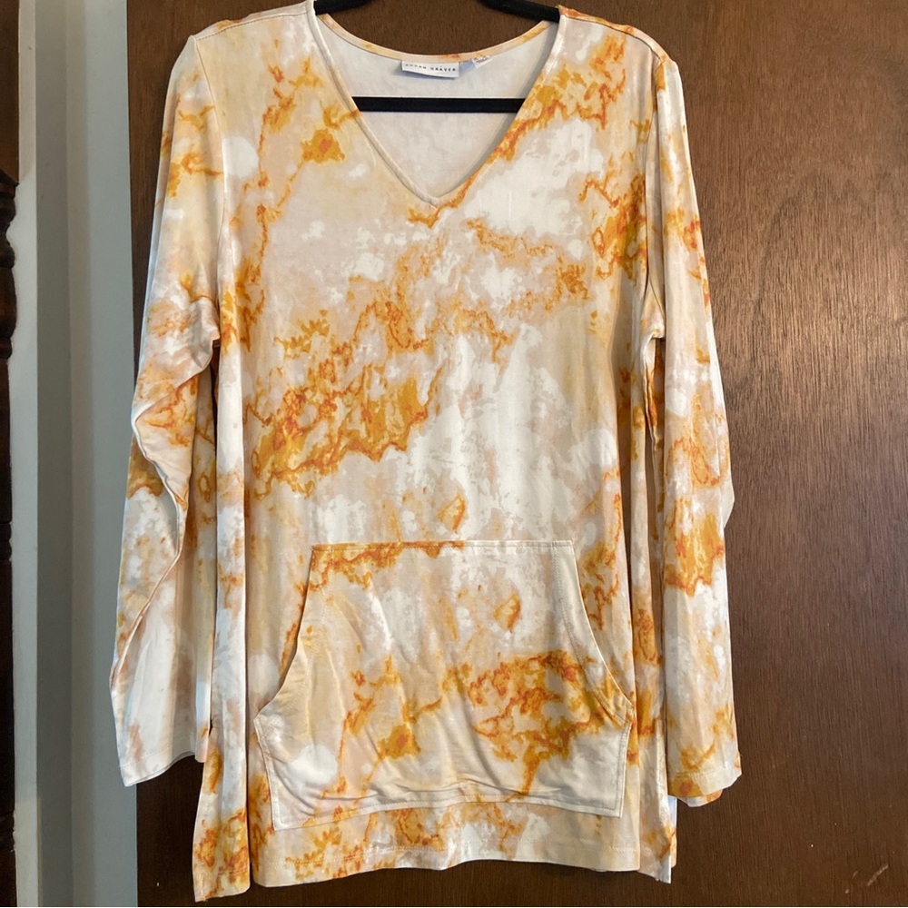 Susan Graver V Neck Yellow Tie Dye Ultra Soft Front Pocket Top A390443